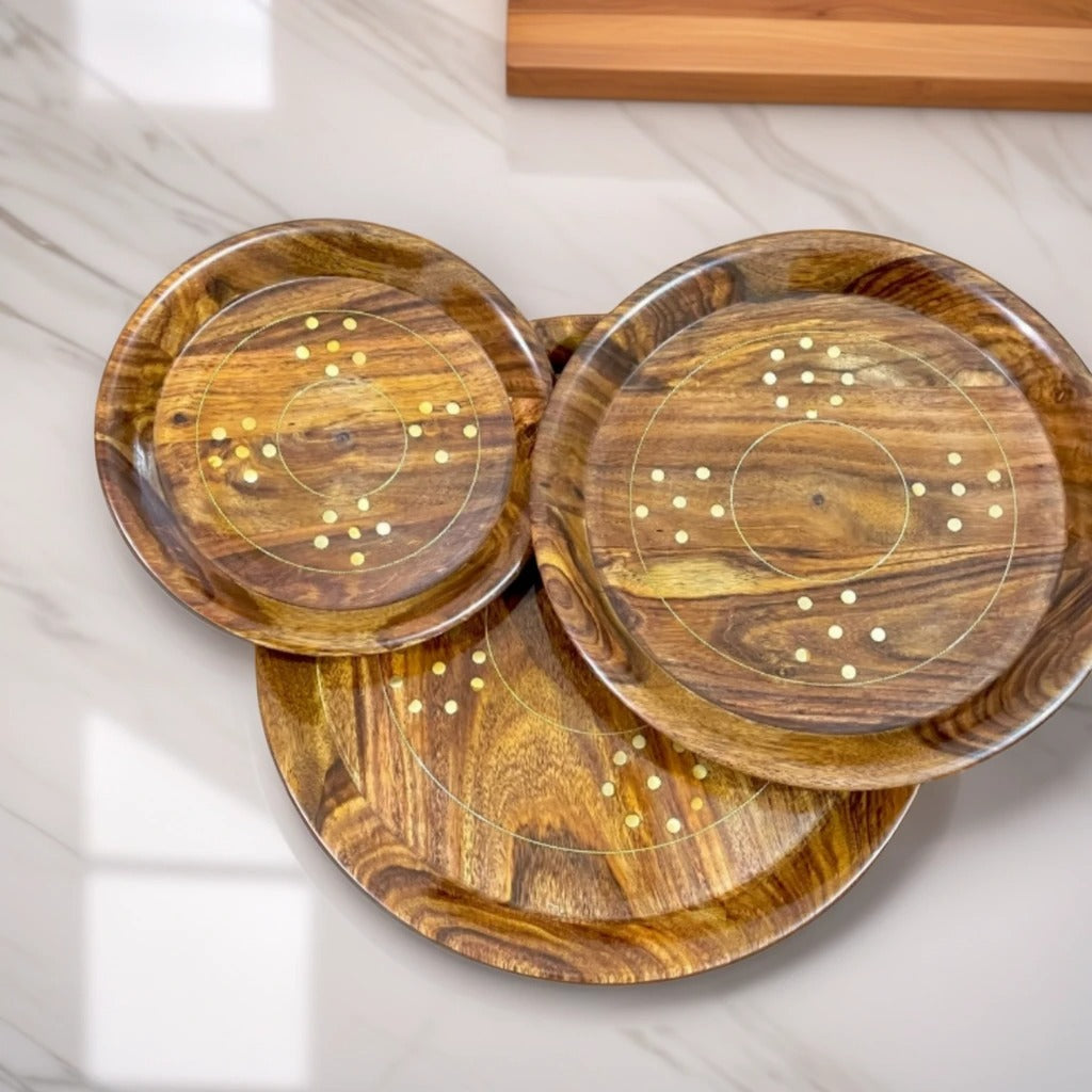 Brass Plate Set with Wooden Base