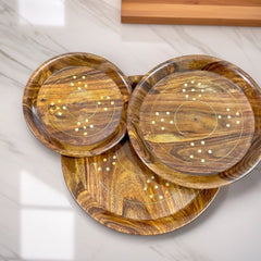 Brass Plate Set with Wooden Base