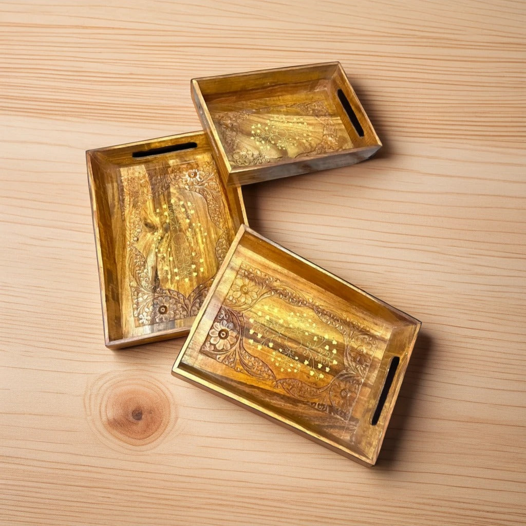 Wooden Tray Set – Brass & Carved