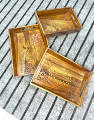 Wooden Tray Set – Brass & Carved