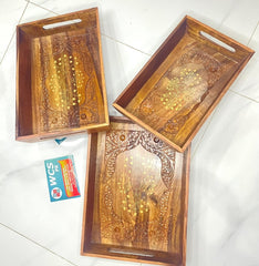 Wooden Tray Set – Brass & Carved
