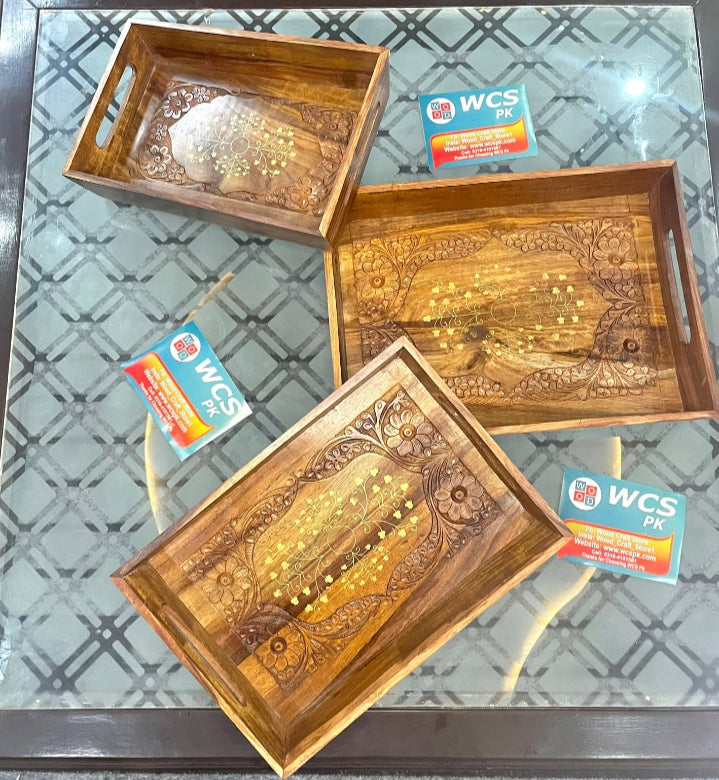 Wooden Tray Set – Brass & Carved