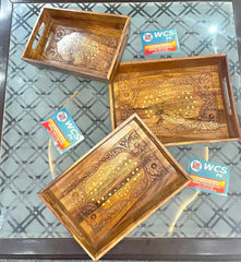 Wooden Tray Set – Brass & Carved