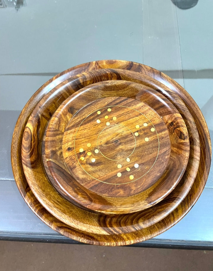 Brass Plate Set with Wooden Base