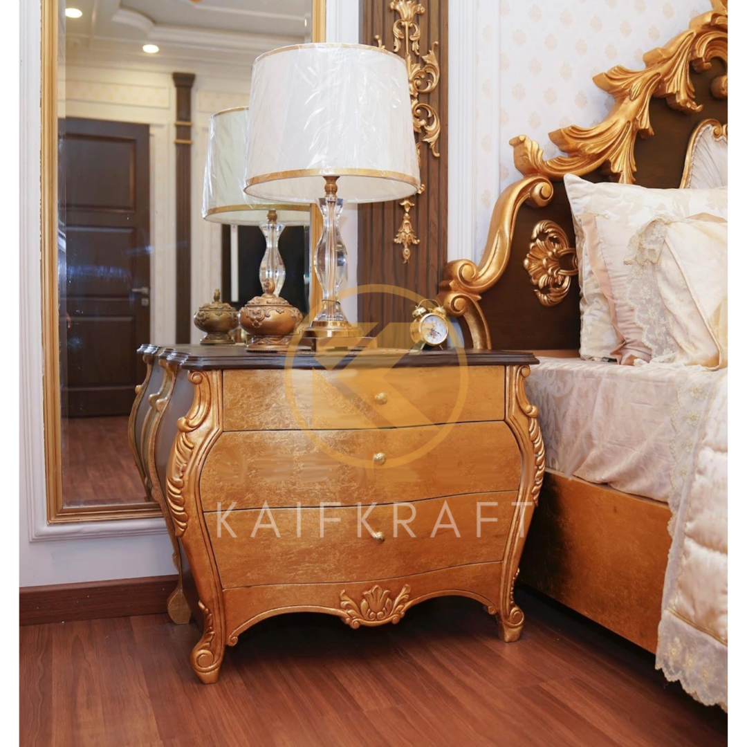 Royal Gold Wooden Carved Bed Set