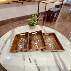 Wooden Floral Inlayed Tray Set - Kaif Kraft