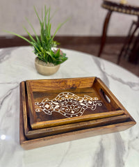 Wooden Floral Inlayed Tray Set - Kaif Kraft