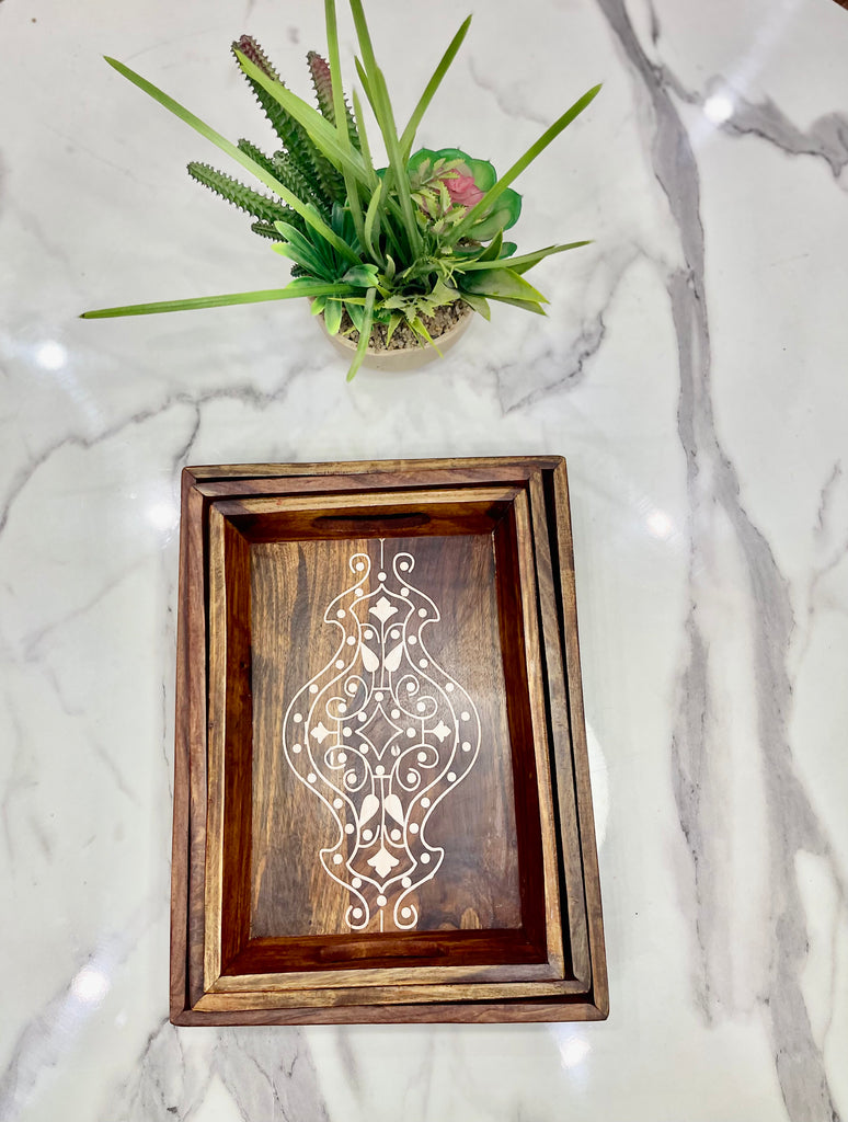 Wooden Floral Inlayed Tray Set - Kaif Kraft